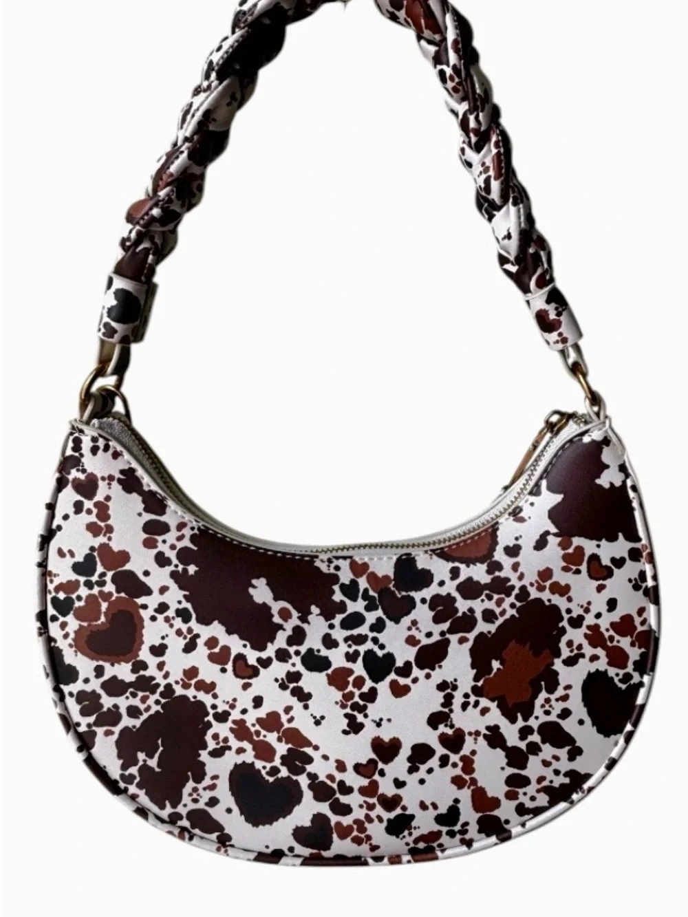 Betsey Johnson White Brown Black  Cowspot Hearts Crescent Shoulder Bag